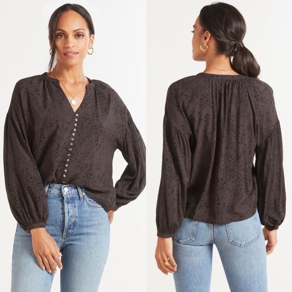Z Supply‎ XS Black V Neck Mazzy Stamped Balloon Sleeve Faux Button Front Blouse